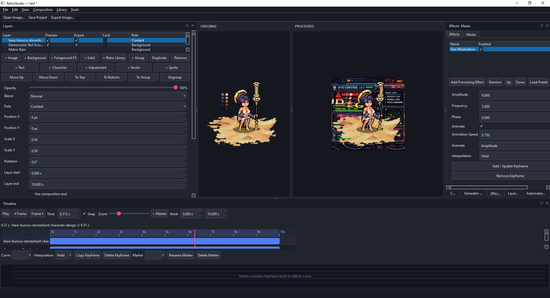 RetroStudio desktop interface showing layers, original and processed previews, effects, and timeline