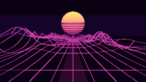 Animated neon Retrowave Drive scene with a perspective road, striped sun, and moving wireframe terrain