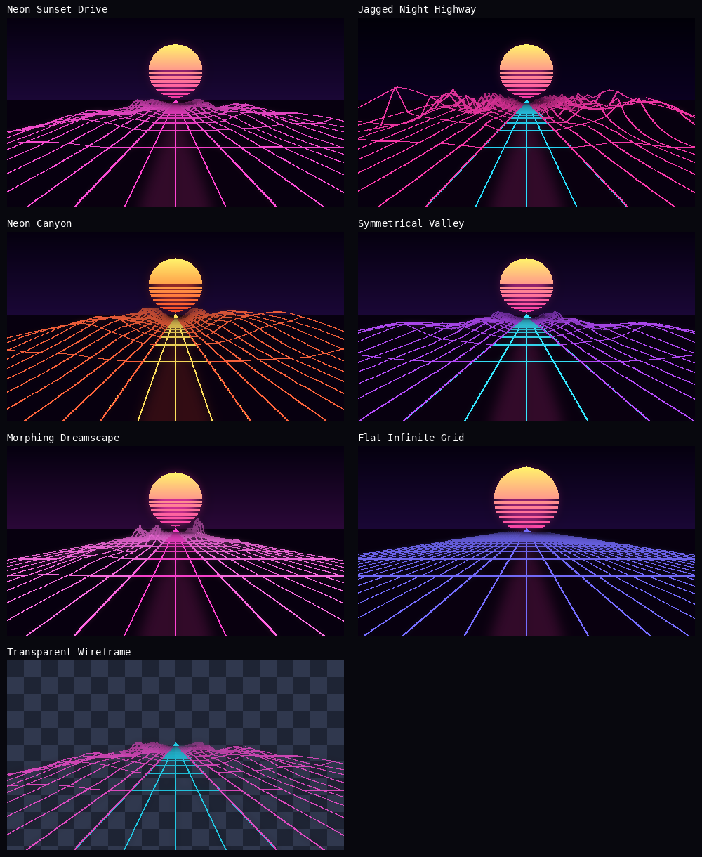 Seven Retrowave Drive presets including neon sunset, canyon, valley, mountains, infinite grid, and transparent wireframe